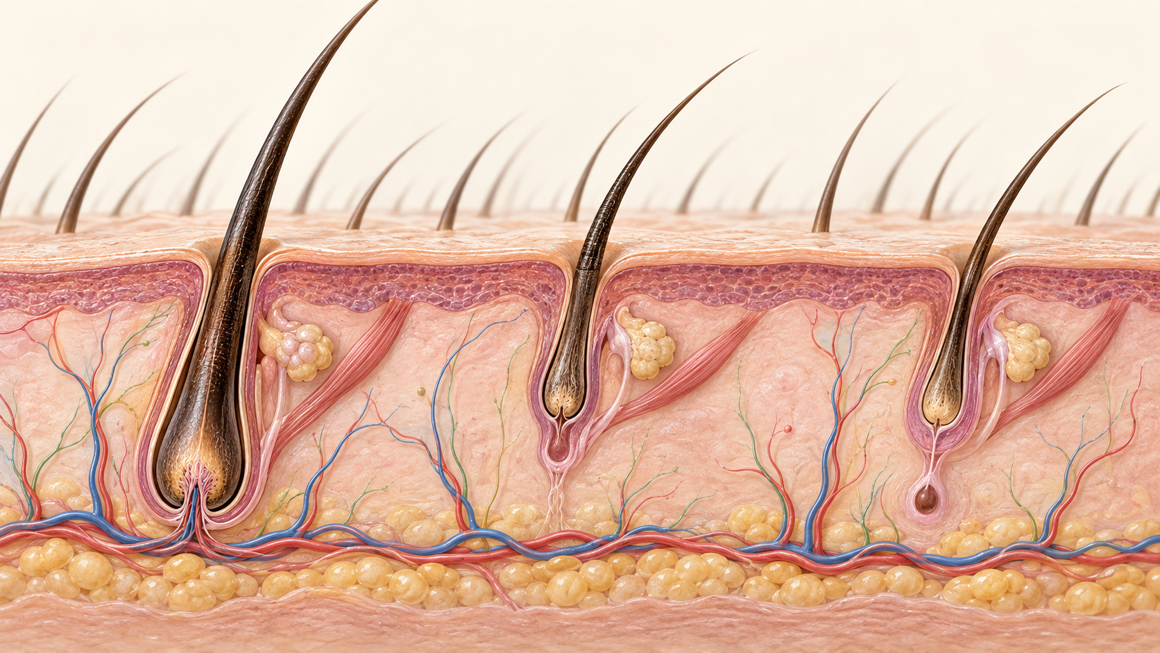 ภาพจำลองรากผมหลายระยะในวงจรเส้นผมใต้หนังศีรษะ