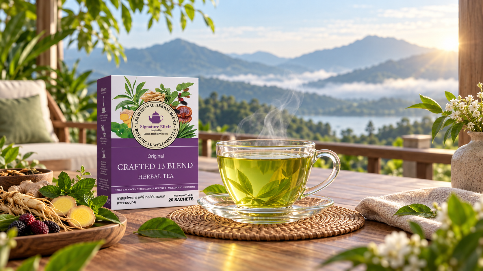 Crafted 13 Blend Herbal Tea ชาสมุนไพร 13 ชนิด พร้อมชาเขียวร้อนในบรรยากาศธรรมชาติ